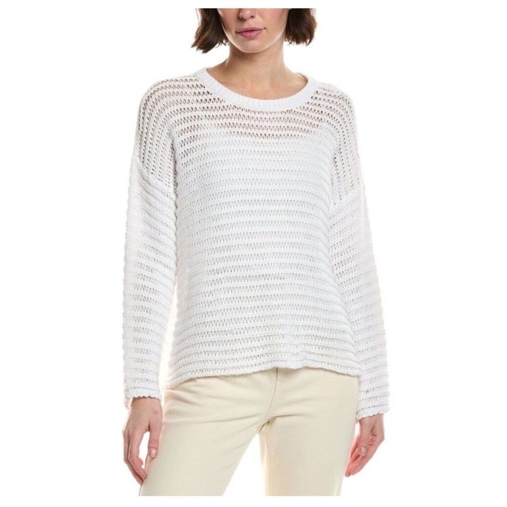 Eileen Fisher Womens  Organic Cotton Open Knit Crew Neck Sweater Size M Coastal